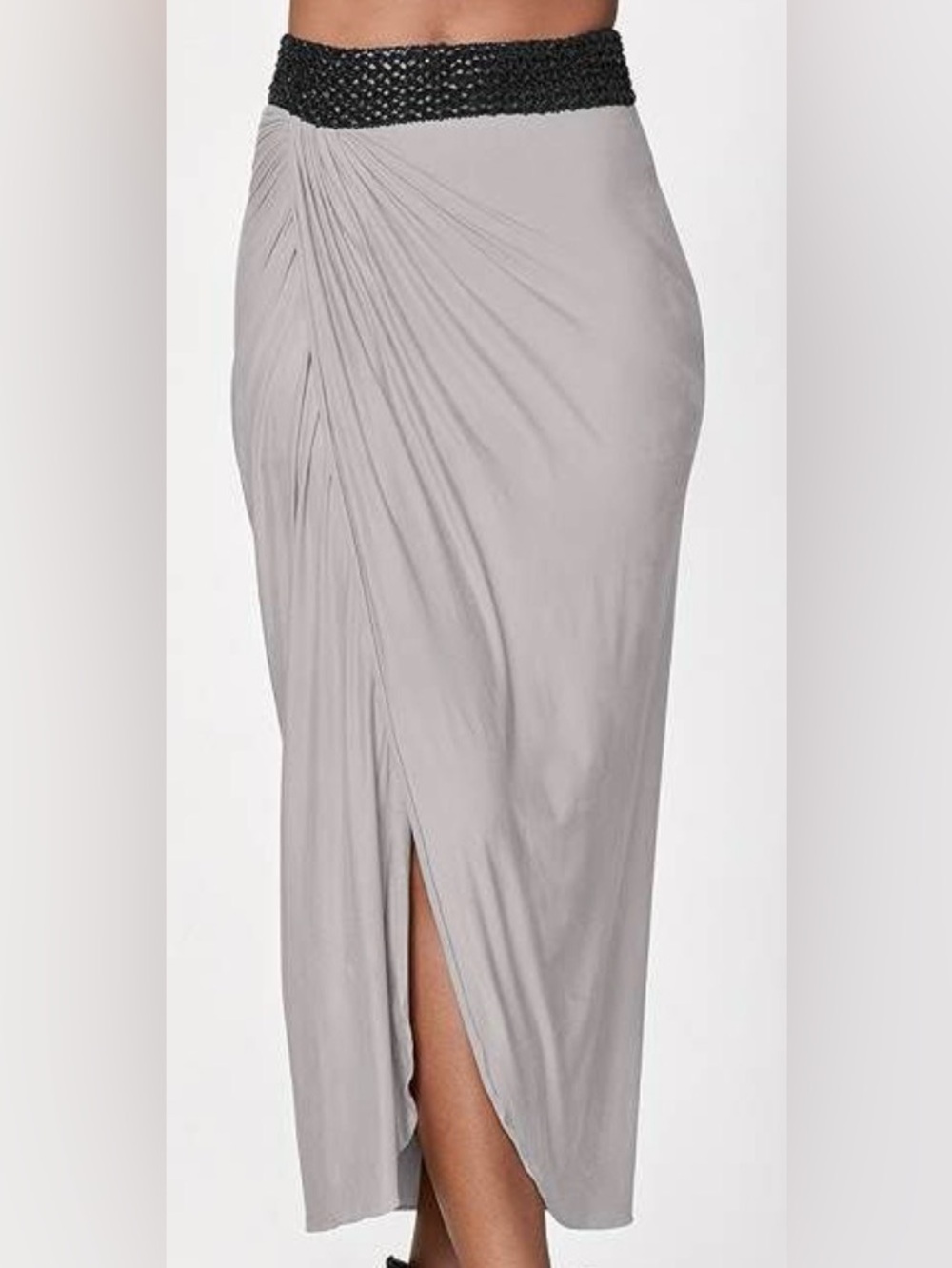VENUS Light Gray Maxi Skirt with Gathered Waist & Slit